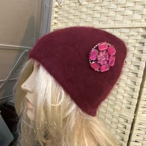 Beautiful, Fair Weather, Burgundy Angora Knitted Beanie Hat with Floral Accent